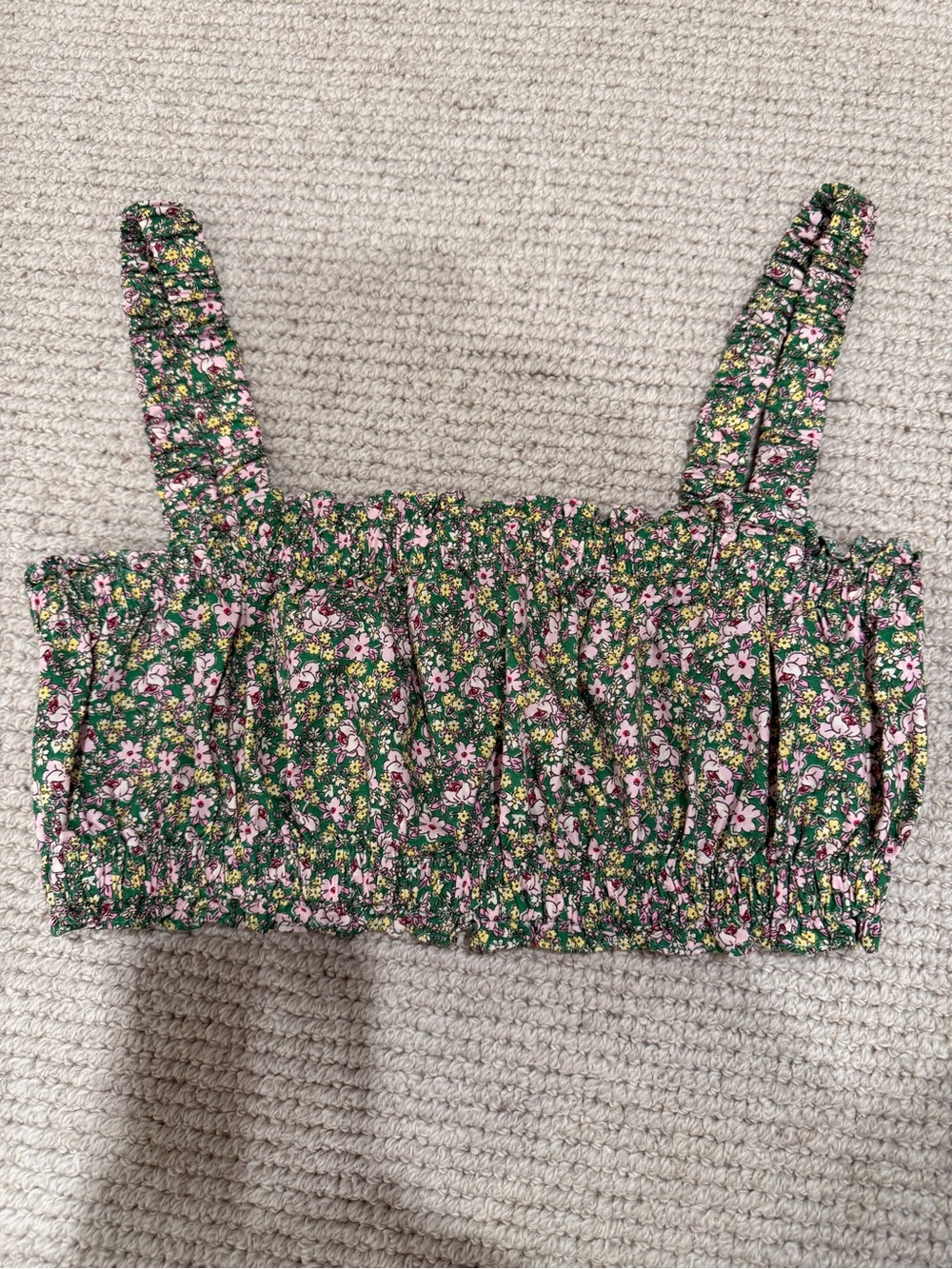 Cotton Floral Smocked Crop Top in Green and Pink